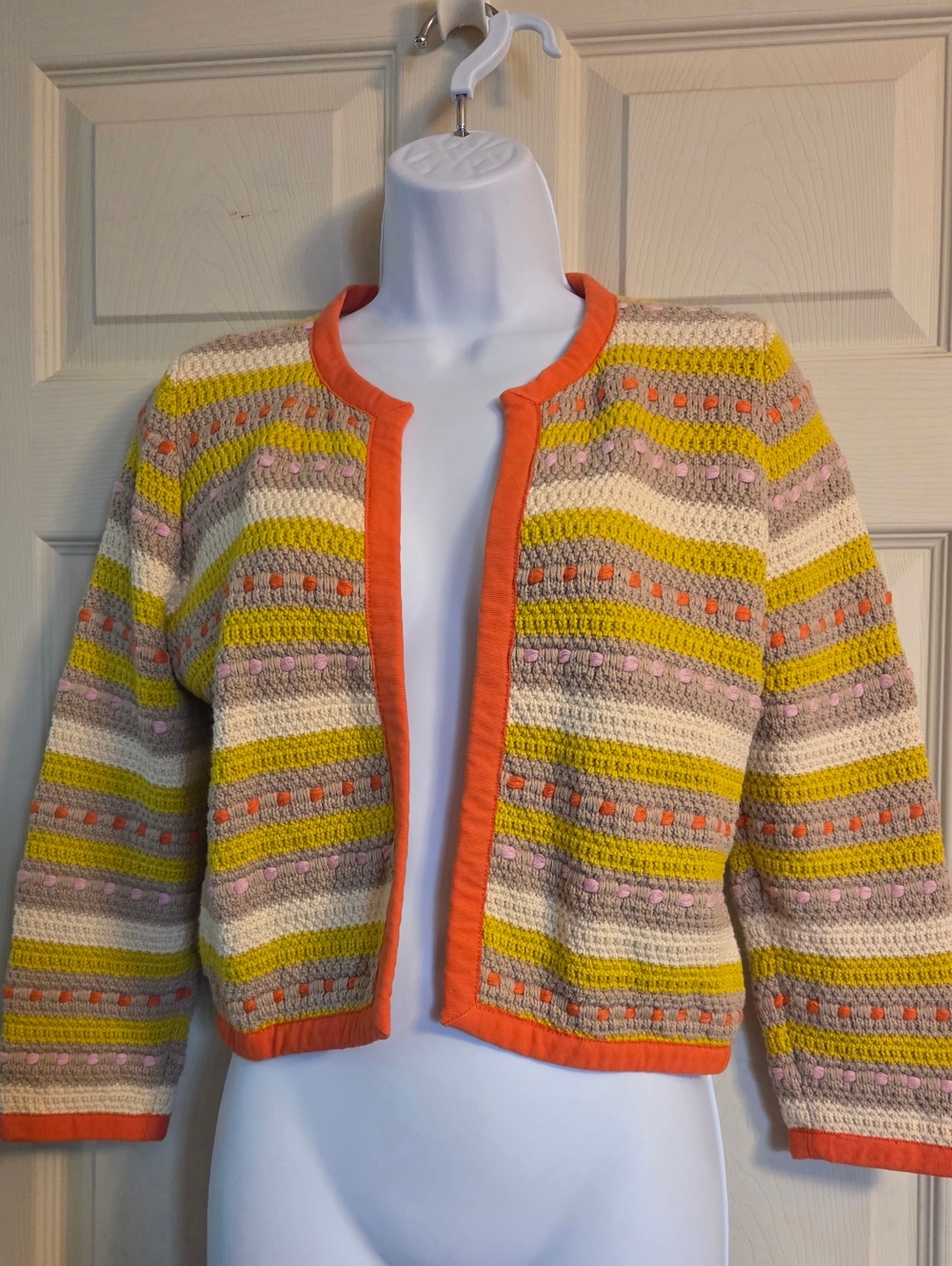 Jackpot Striped Crochet Open Cardigan Sweater in Orange Trim Medium